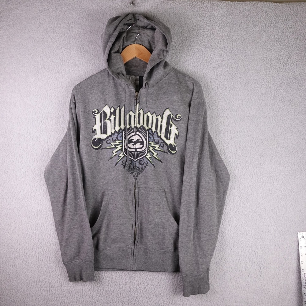 Vintage Billabong Mens Full Zip Hoodie Gray Graphic Logo Fleece Sweatshirt Large